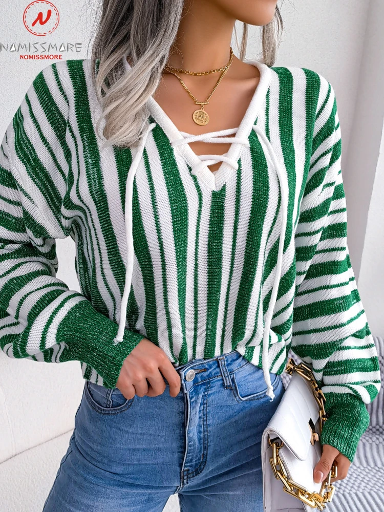 

Fashion Women Striped Print Sweaters Patchwork Design Bandage Decor V-Neck Long Sleeve Autumn Winter Casual Loose Pullovers Top