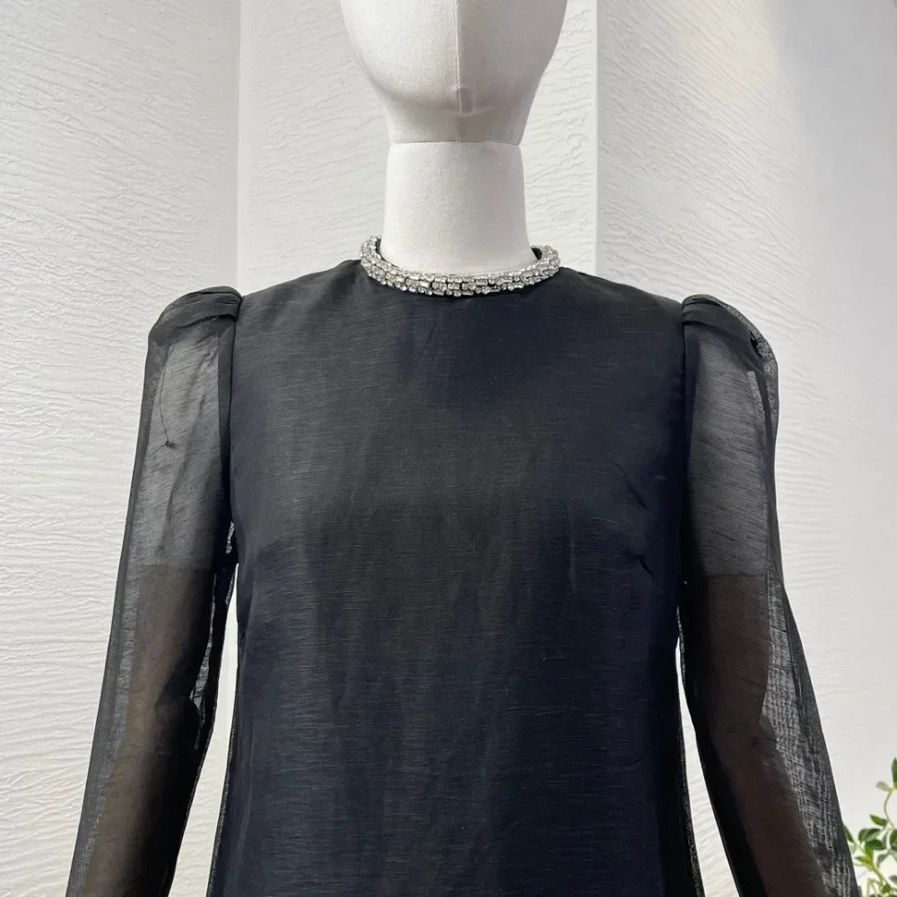 2024 Новое женское черное мини-платье с длинными рукавами и бриллиантами See Thourgh