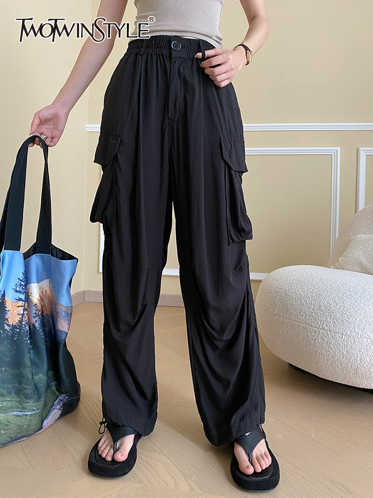 

TWOTWINSTYLE Solid Cargo Pants For Women High Waist Full Length Patchwork Pockets Casual Wide Leg Pant Female Fashion Clothing