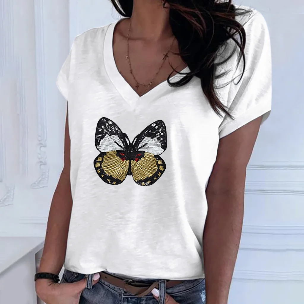 

Fashion Women's T-shirt Summer Butterfly Print V-neck Short-sleeve Tops Tee Y2k Clothes Casual Minimalist T Shirt Women Clothing