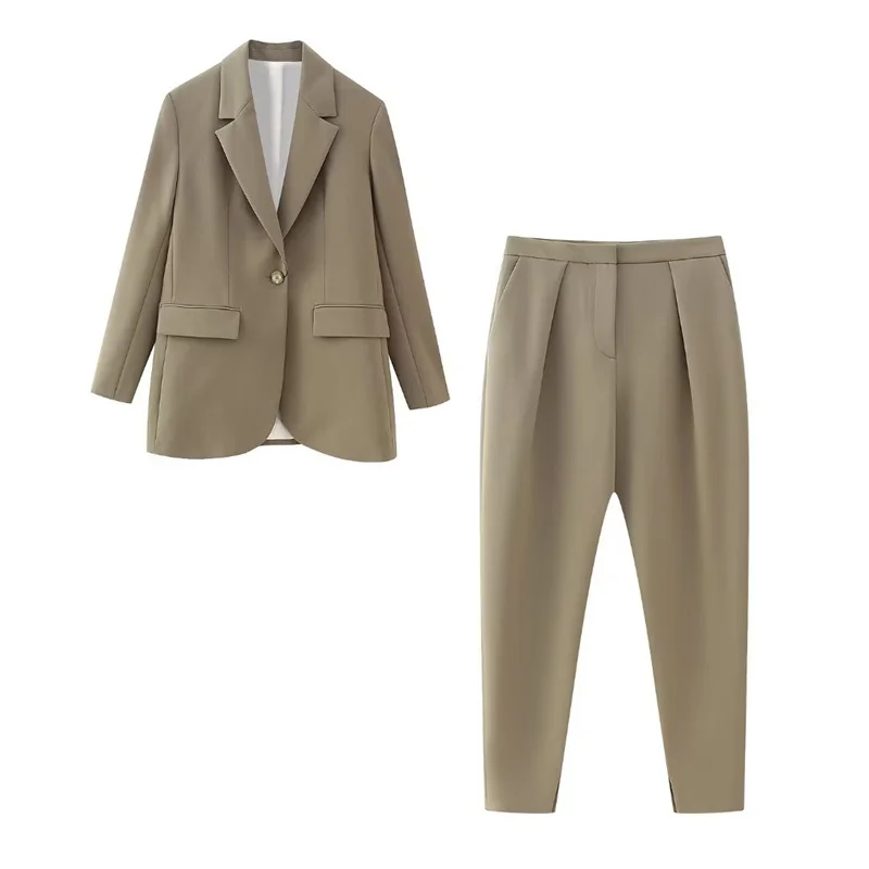 

Woman Vintage Camel Straight Blazer Suit 2023 Autumn Office Ladies Elegant Solid Long Blazers Set Harem Pants Matching Sets