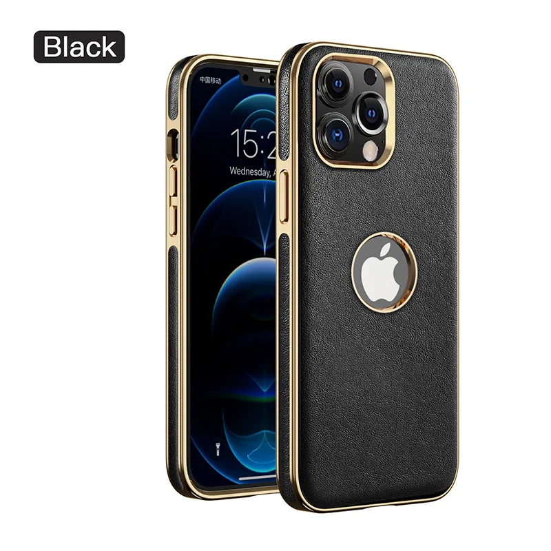 Leather Case For iphone 13Promax Straight Gold Edge Hollow Phone Shell  All-Inclusive Drop-Resistant Case 13Pro Protective Cover