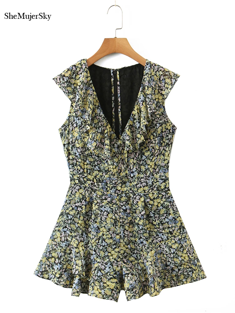 

SheMujerSky Summer Sleeveless Chiffon Playsuits Summer Ruffles V-neck Little Floral Print Rompers 2022