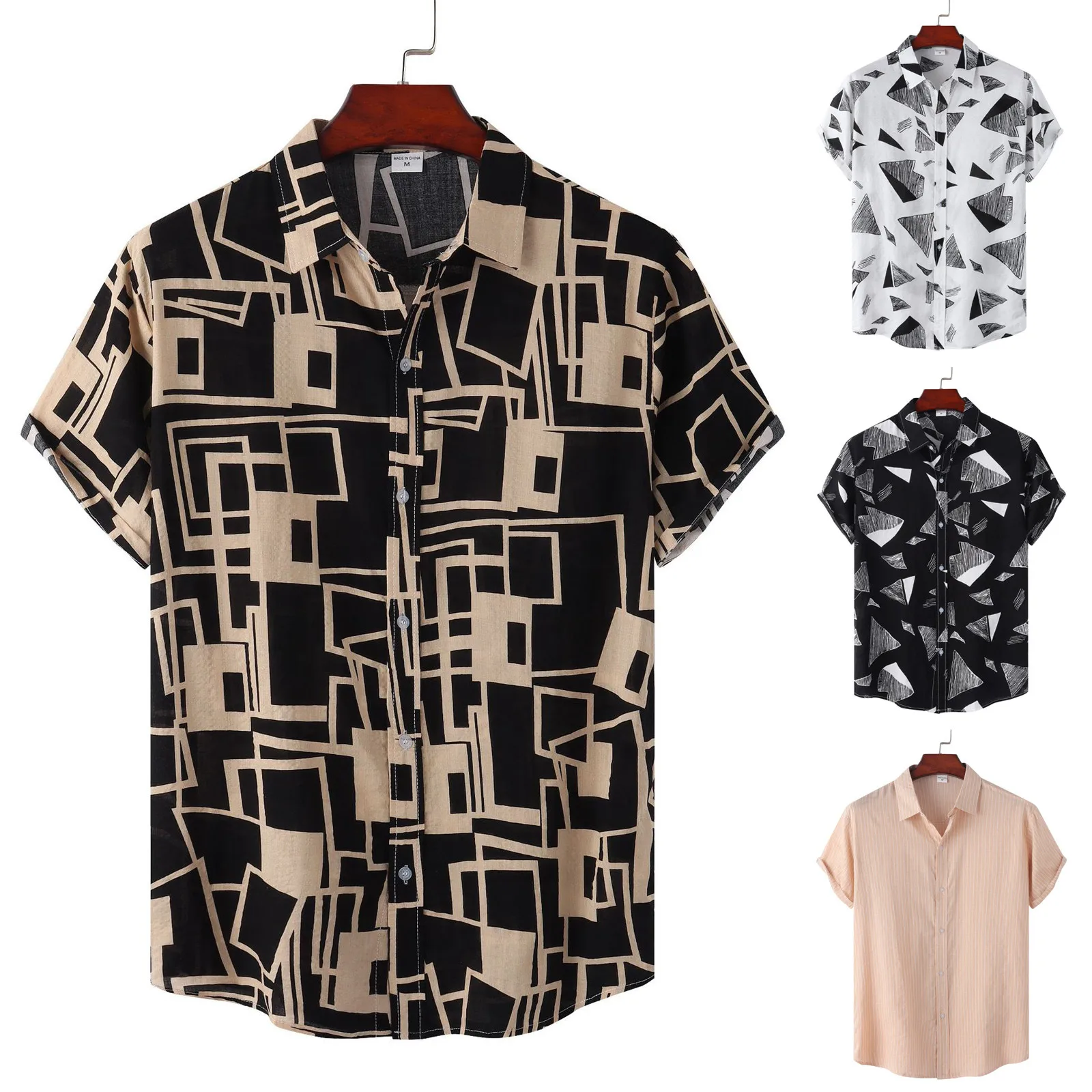 

Рубашка мужская с геометрическим принтом, Пляжная Гавайская блузка свободного покроя, с коротким рукавом, в винтажном стиле, повседневная о...
