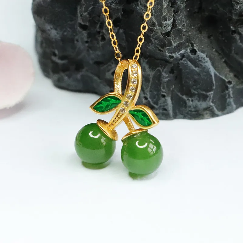 

Mai Chuang/S925 Silver Inlaid Natural Hetian Jade Jasper Cherry Necklace Pendant Fine Jewelry Accessories Men Women Couples Gift