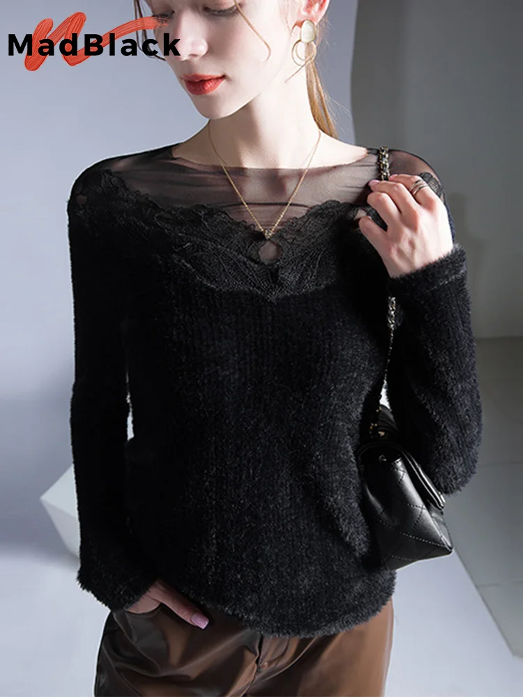 

MadBlack European Clothes T-Shirt Sexy V Neck Transparent Female Slim Flocking Tops Long Sleeve Tee Autumn Winter T3N913JM