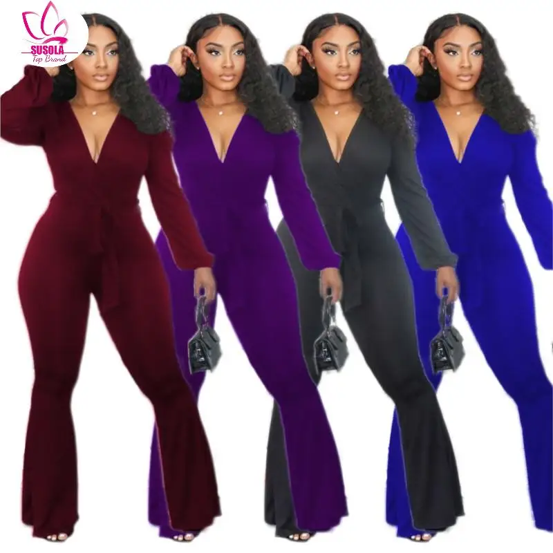 

Women Solid Long Sleeve Jumpsuits Notched High Waist Wide Leg Rompers Loose Office Lady's Junpsuit Casual Elegant Autumn Lady