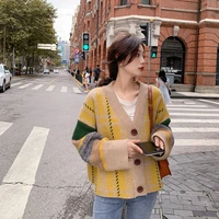 korean style contrast color knitted cardigan women 2022 autumn winter new v neck sweater coat female fashion casual cardigan