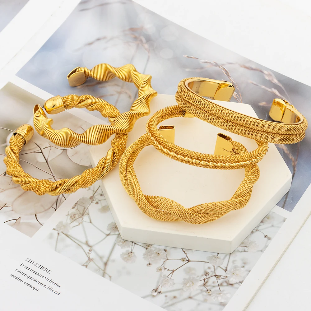 

5Pcs/Set Cuff Bangle for Women 18k Gold Plated Adjustable Bracelet Twist Design Party Engagement Bohemia Bridal Jewelry Set