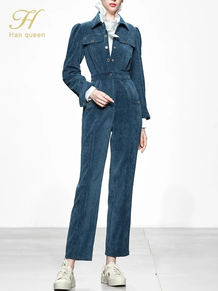 

H Han Queen Autumn Winter Elegant Simple High Waist Jumpsuits Women Korean Slim Playsuits Casual Work Rompers Female Clothing
