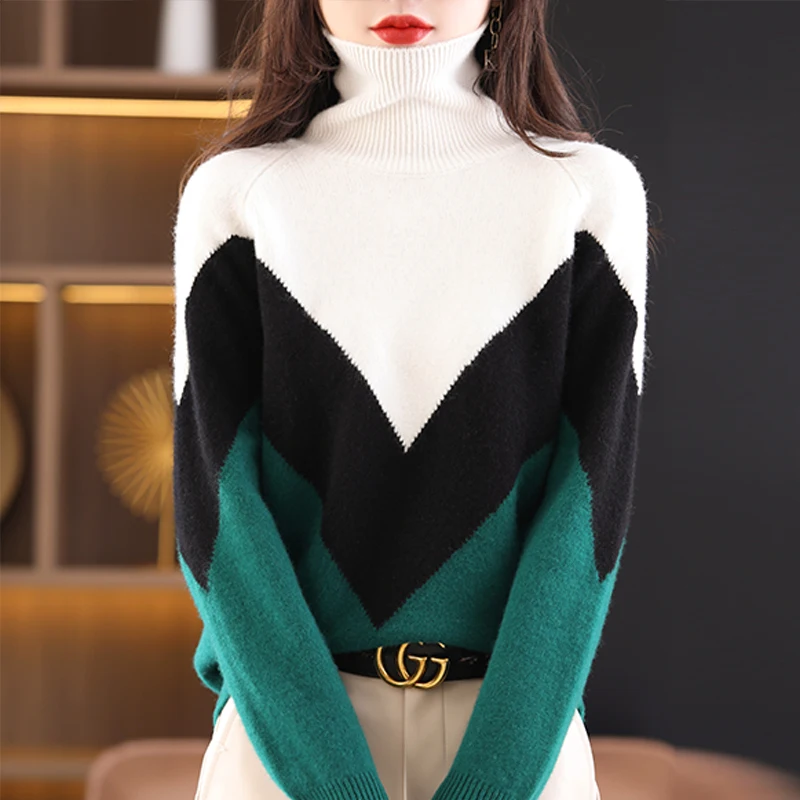 

Осенне-зимний женский трикотажный пуловер свободного покроя с высоким воротником