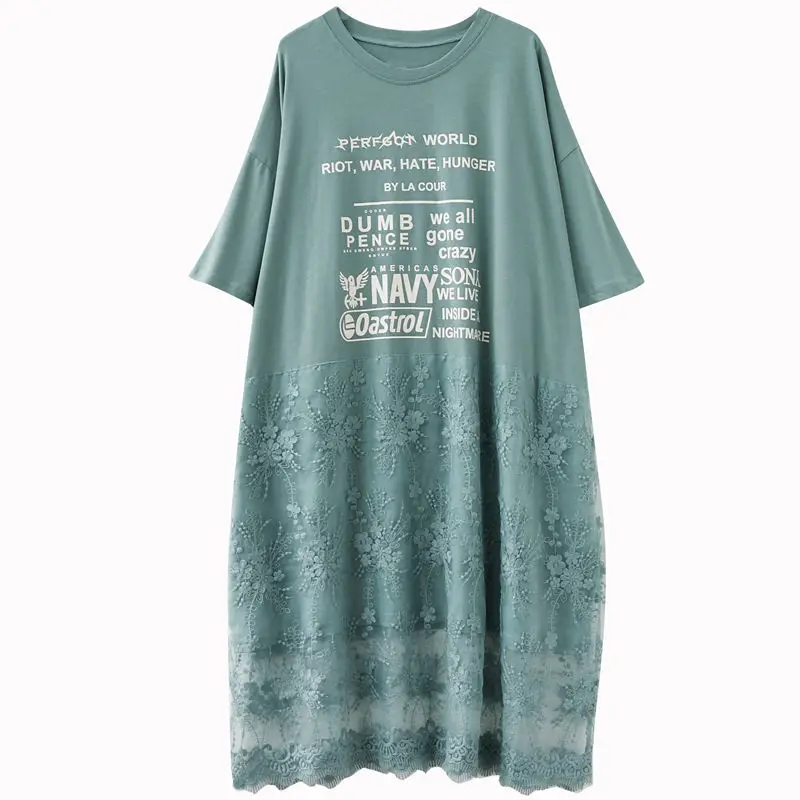 

Women Summer Dress Letter Print Lace Solid Color Stitching Short Sleeve Mid-length Dress Streetwear