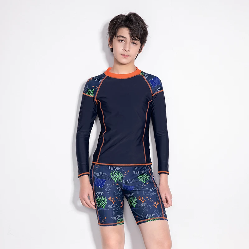 

Boys Two Pieces Swimsuit Sports Long Sleeve Swimming Suit Swimwear Bathing Suit Early Youth Printed Blue Shorts Surfing