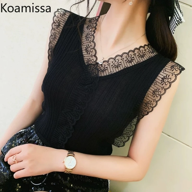 

Koamissa Lace Women Fashion Sexy Camisole Sleeveless Tanks Summer 2022 V Neck Chic Outerwear Tops Sweet Lady Slim Tops Camis