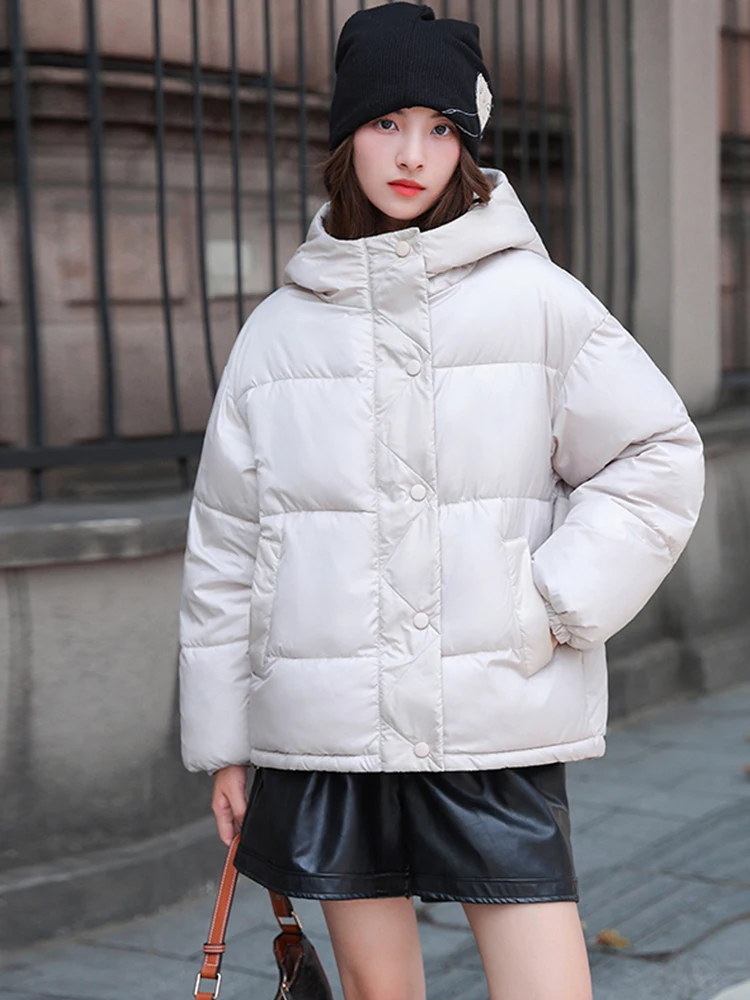 Hooded Women WInter Padded Parka Solid Blue Pink White Female Warm Korean Style Oversized Loose Coat Short Jacket Puffer