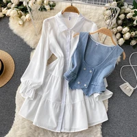 2022 new ruffle white shirt mini dress female pockets double breasted shirt short denim vest chic two piece sets female fashion
