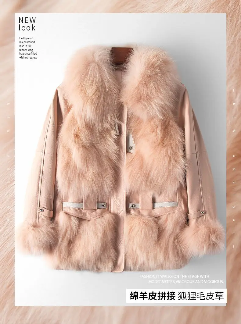 

2023Real fur,A Small Amount of Clothing Autumn and Winter New Fox Hair Spliced Sheepskin Coat for Women's Mid length Genuine Fu