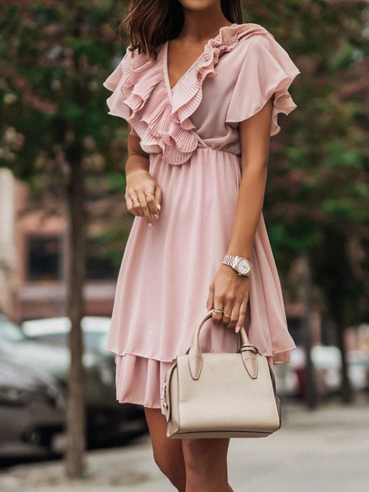 

Sexy V Neck Double Ruffles Office Lady Dress Spring Solid Butterfly Sleeve Women Party Dress Summer Elastic Waist A-Line Dresses