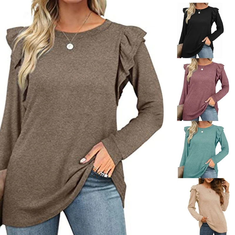 

Женская свободная Однотонная рубашка с круглым вырезом и длинным рукавом