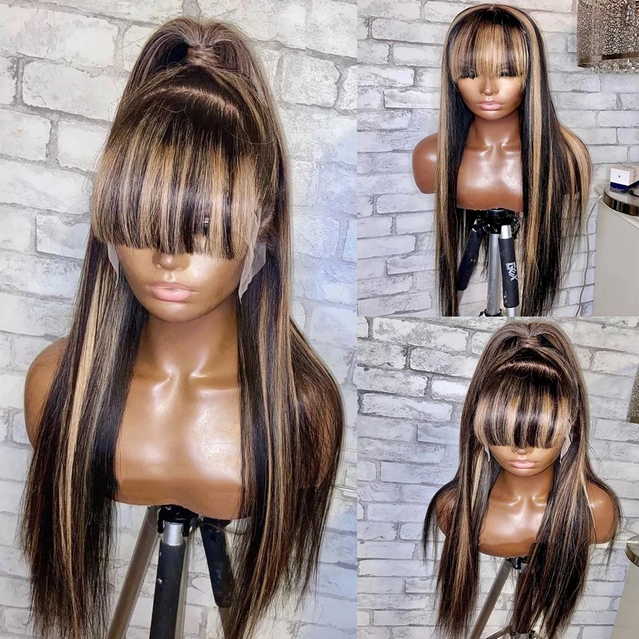 

13X6 Lace Frontal Wig Fringe Blonde Highlight Silky Straight 360 Lace Front Human Hair Wigs with Bangs 5X5 Closure Wig 180% Soft