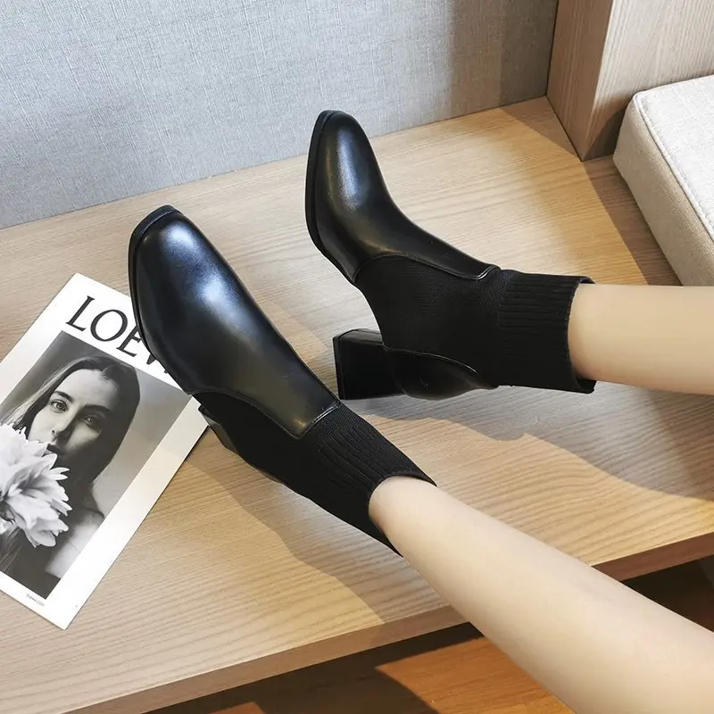 

Autumn Winter Women Boots Knit Elastic Socks Boots Square Toe Chunky Heel Boots Fashion Ankle Chelsea Womens Boots Ankle 2023