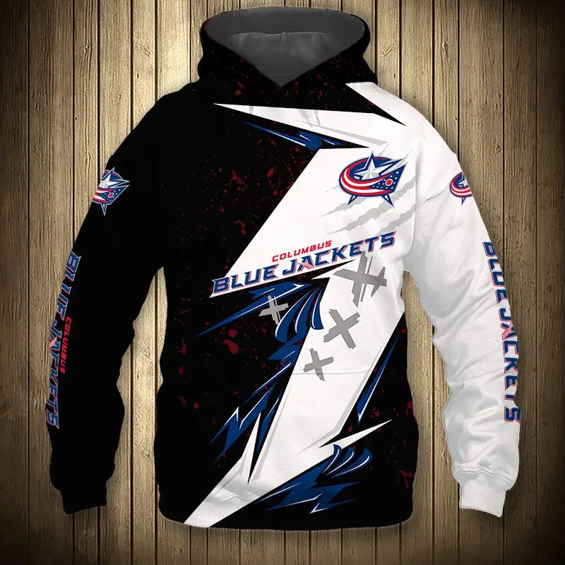 

Red striped ribbon blue five-pointed star print sweatshirt Columbus men's casual Blue Jackets hoodie
