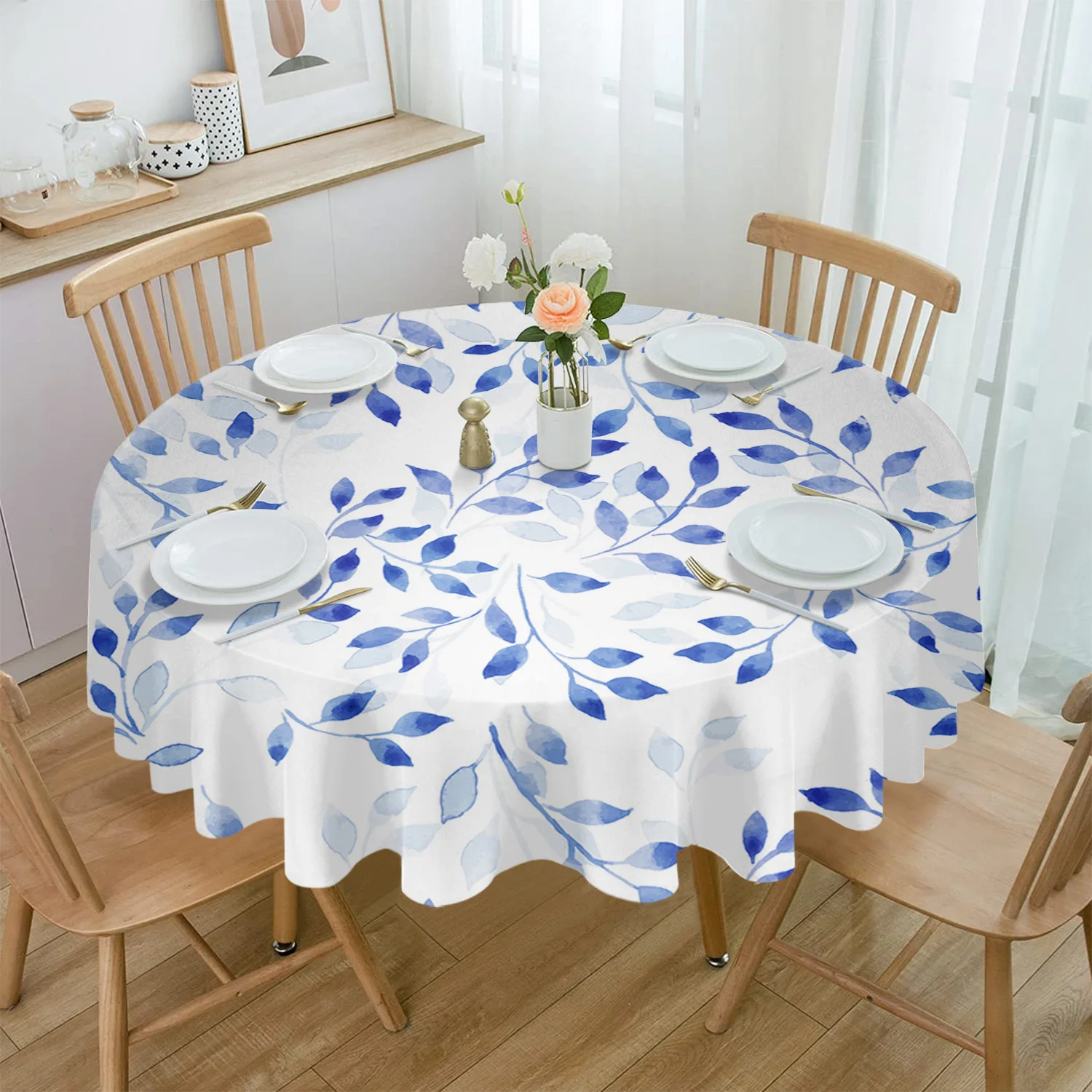 

Водонепроницаемая скатерть с синей абстрактной текстурой листьев растений, украшение для стола, круглая скатерть для кухни, свадьбы, дома, ...