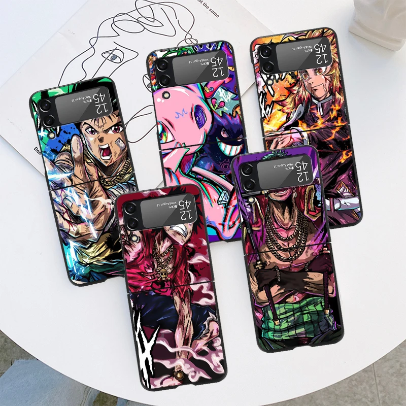 

Phone Case For Samsung Galaxy Z Flip 4 3 5G Hard Cover Z Flip3 Flip4 Black fundas zflip3 zflip4 Coque Pokemon Demon Slayer