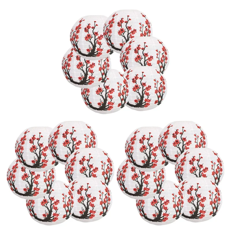 

18 Pack 12Inch Red Cherry Flowers Paper Lantern White Round Chinese Japanese Paper Lamp