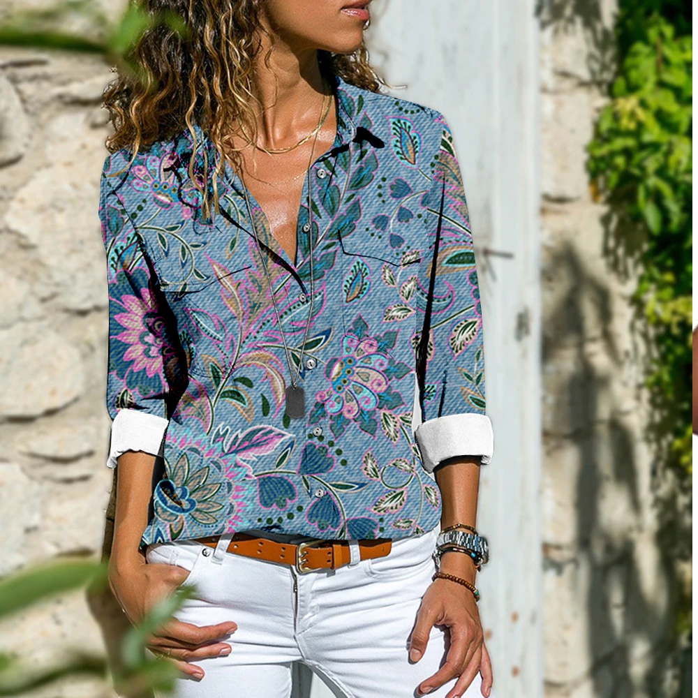 

Women's New Button Denim Printed Three Quarter Sleeve Shirts Summer Casual Tops