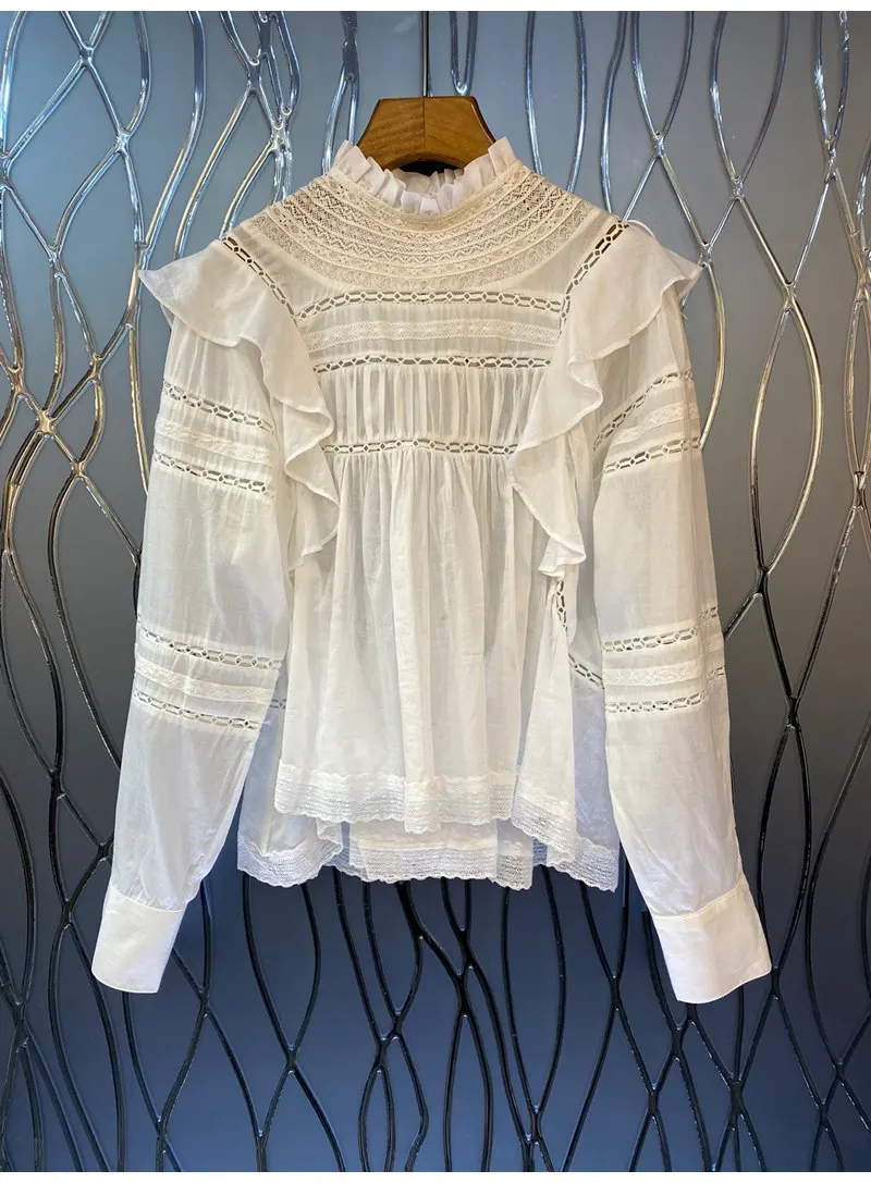 

High Quality White Blouse 2022 Spring Summer Fashion Tops Women Hollow Out Embroidery Ruffle Floral Long Sleeve Casual Top Femme