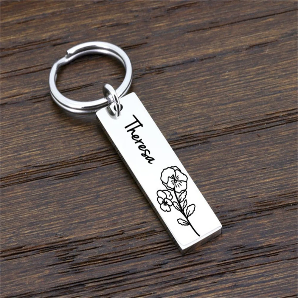 Custom Keychain Mom's Gift Mother's Day Gift Birth Flower Keychain Personalized Stainless Steel Keychain Custom Name Wholesale