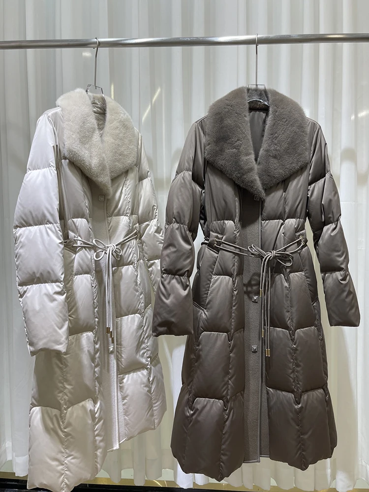 2024 новая модная зимняя длинная куртка на белом гусином пуху с воротником из
