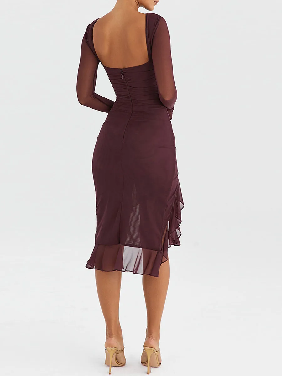 Женское облегающее однотонное платье миди с оборками и длинным рукавом весеннее