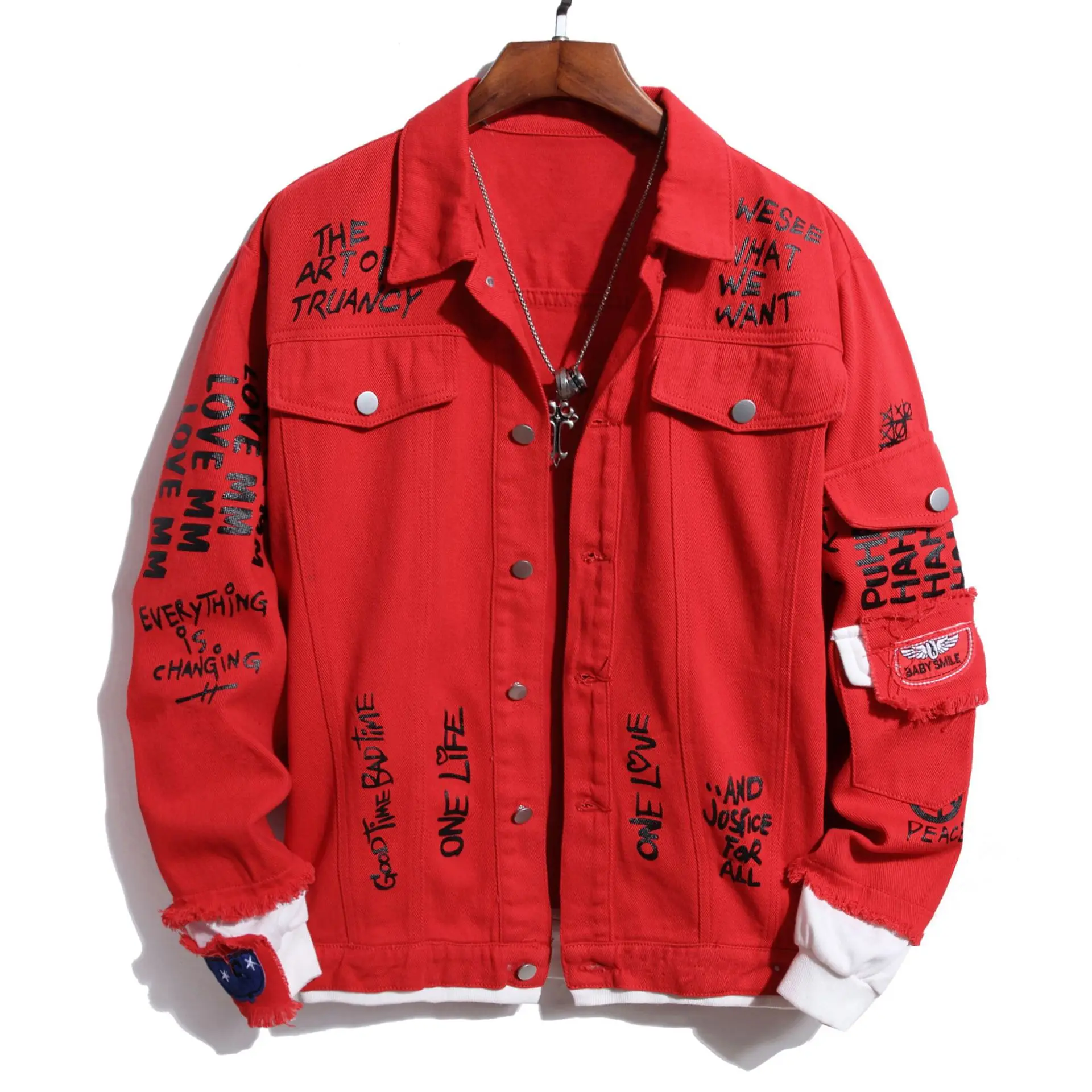 Personality Men's Patchwork Letter Print Red Denim Jacket Loose Rose Bitter Lapel Denim Jacket Jacket