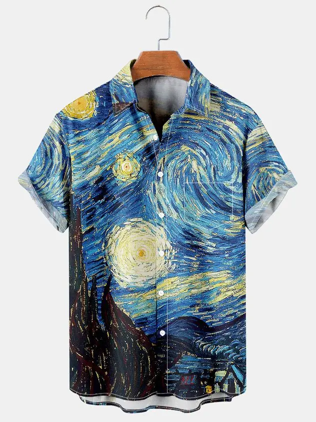 Мужские свободные Гавайские рубашки с короткими рукавами в стиле ретро с отворотом звездной ночи Ван Гога