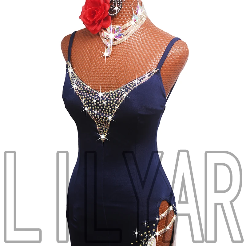 Фото New Professional Latin Dance Dress Performance Competition Dress for Adults Children Blue Ocean Tassels Side Split Dance №3