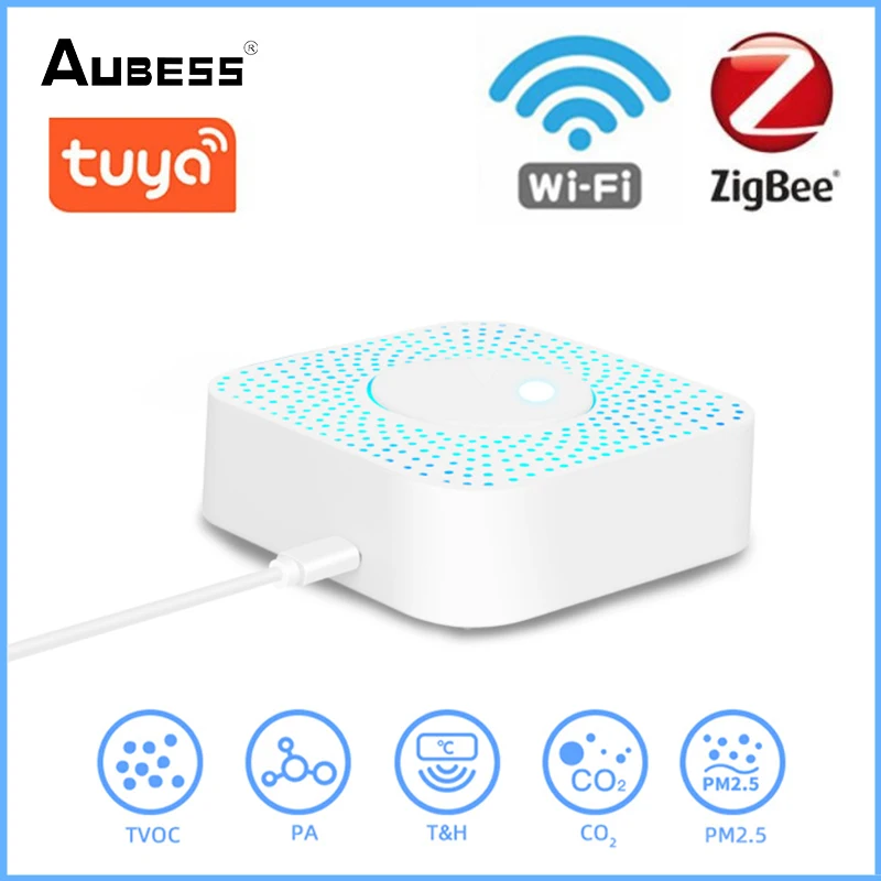 

Смарт-Датчик качества воздуха Tuya Zigbee, Wi-Fi датчик CO2, датчик температуры и влажности, датчик VOC PM2.5, детектор газа, автоматический детектор сигн...