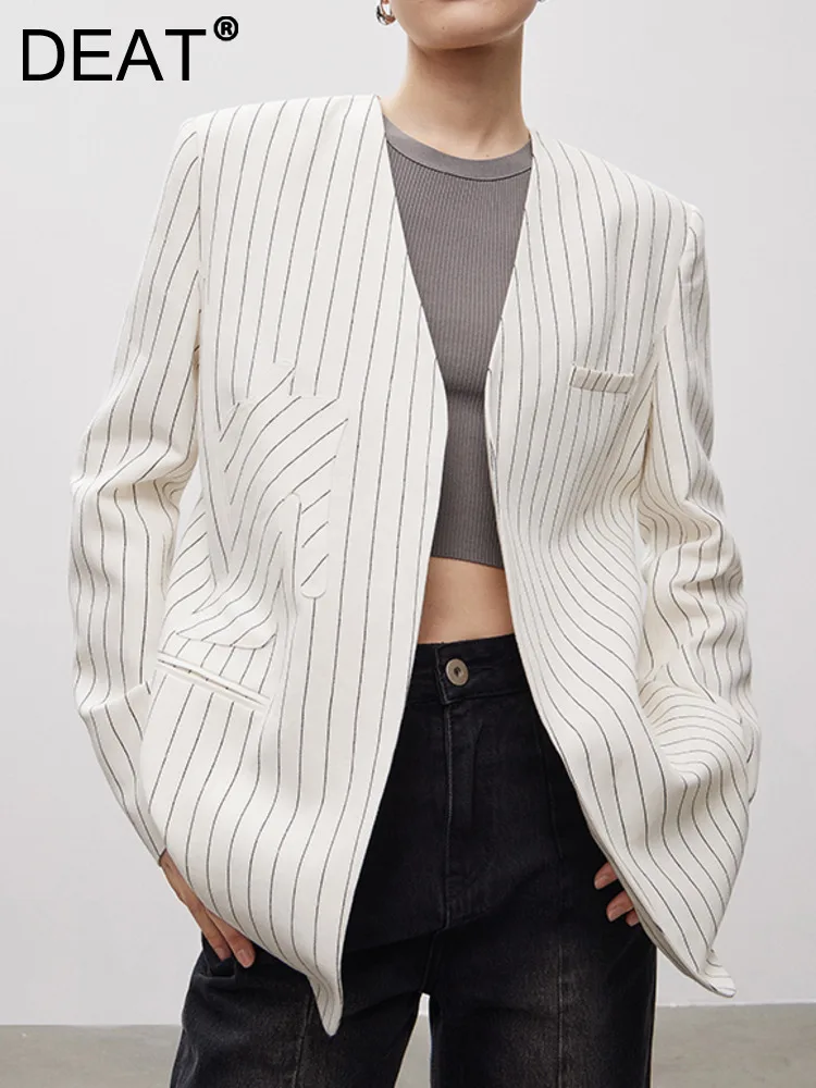 

DEAT Fashion Women's Suit Jacket Loose V-neck Long Sleeve Prockets White Striped Patchwork Thin Blazers Summer 2023 New 17A7390
