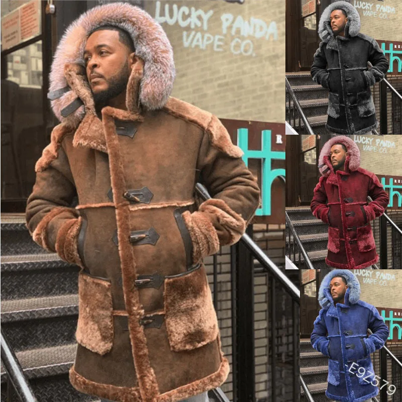 

2021 Winter Men's Thick Mid-length Hooded Jacket Fashion Warm Suede Horn Button Jacket Winter Coat