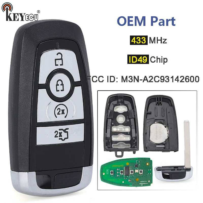 

KEYECU 434MHz ID49 FCC ID: M3N-A2C93142600 OEM Parts Proximity Smart Remote Key Fob 4 Buttons for Ford Mustang 2018 2019