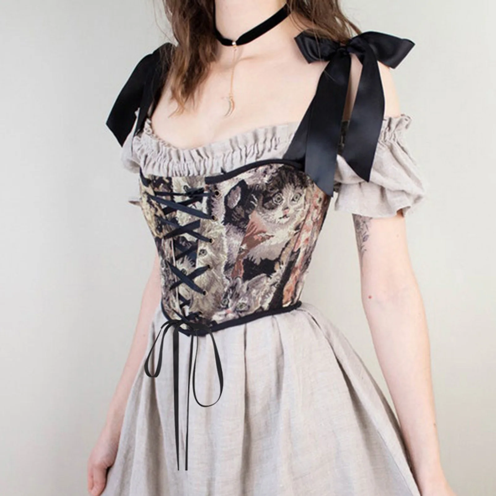 

Летний топ-корсет на бретелях, уличная одежда, цветочный ретро-корсет-лиф, стимпанк, бант, винтаж, с открытыми плечами, изысканный для сценич...