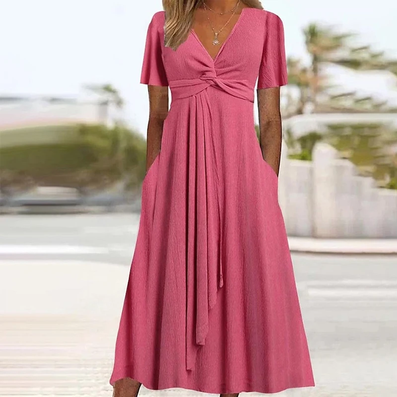 

2023 Women Summer Elegant Gentle Long Dress Sexy V-neck Short Sleeve Pleated Commuter Dress Casual Twisted Pocket Party Dresses