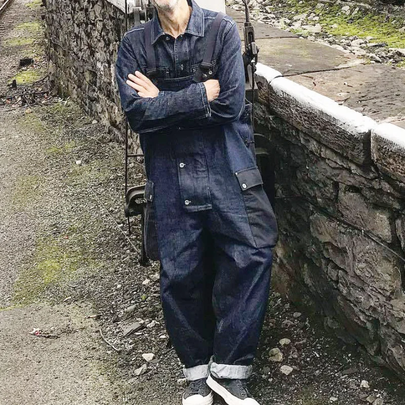 

Комбинезон Amikaki мужской джинсовый, комбинезон контрастных цветов в стиле пэчворк, с несколькими карманами, на подтяжках, в американском стиле, повседневные синие