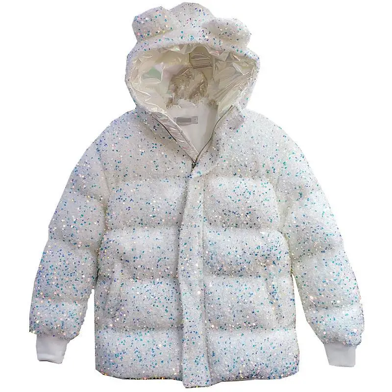 

Shiny Women Winter Beaded Parka Sequins Loose Hooded Bread Coat Cotton Padded 3D Ears Hat Zipper Cardigan Quilted Coat Abrigos
