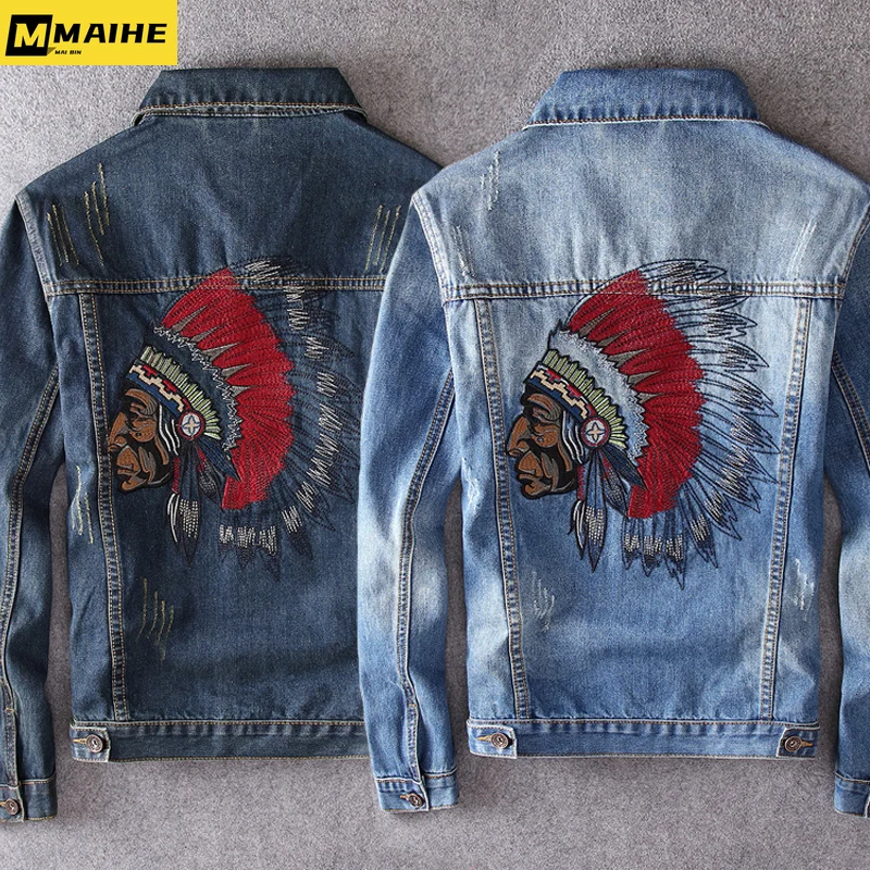 

Streetwear Fashion Men Jacket Plus Size 6XL Retro Blue Indian Embroidery Designer Casual Denim Jacket Men Coats Hip Hop Chaqueta