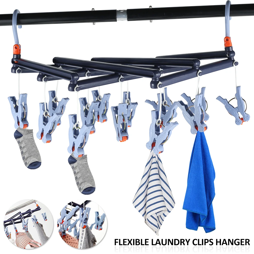 

14 Clips Underwear Socks Hanging Clip Foldable Drip Laundry Hanger Non-Slip Drying Racks Clothes Drying PP Telescopic Hanger