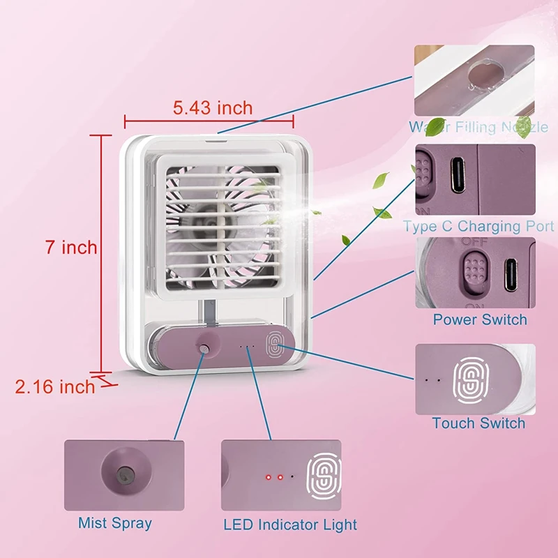 Маленький персональный настольный вентилятор с распылением тумана, светодиодной ночной подсветкой, электрическим водяным распылением, перезаряжаемый через USB, портативный