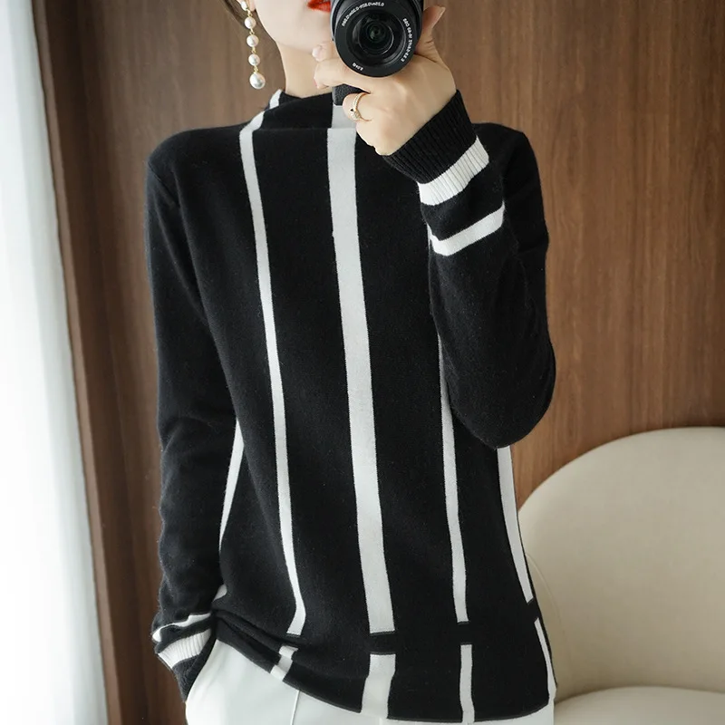 

Autumn and winter new half-high free-neck cashmere sweater women's black and white color-blocking bottoming sweater sweater