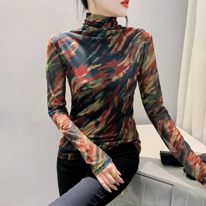 #8867 демисезонная Футболка с воротником хомут Женская сетчатая облегающая